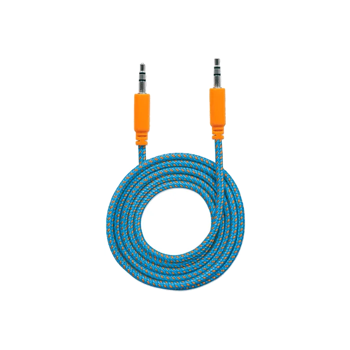 CABLE DE AUDIO AUXILIAR ESTÉREO 352802 3.5 MM/ MACHO A MACHO 1MT AZUL/NARANJA BOLSA
