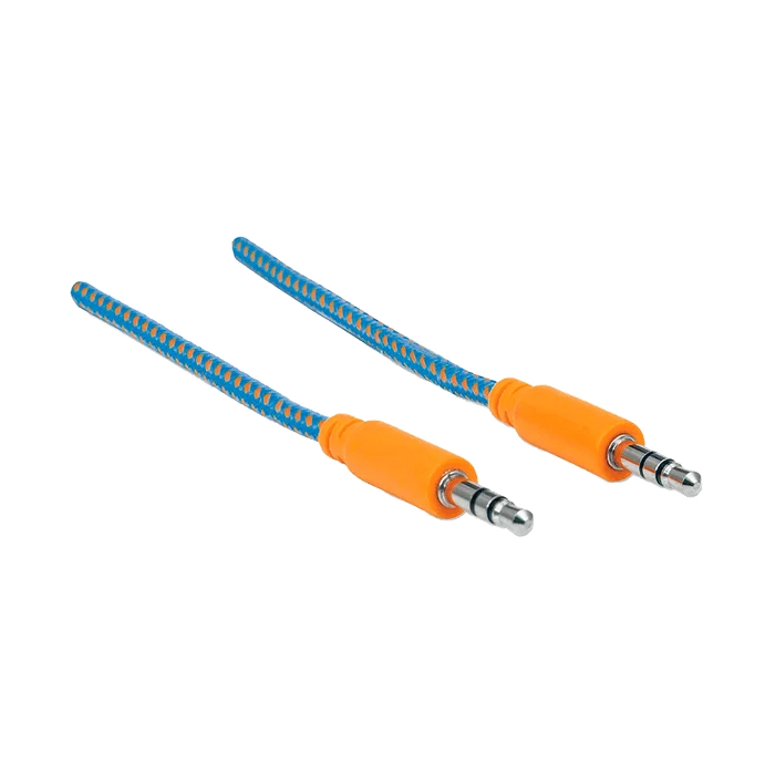 CABLE DE AUDIO AUXILIAR ESTÉREO 352802 3.5 MM/ MACHO A MACHO 1MT AZUL/NARANJA BOLSA