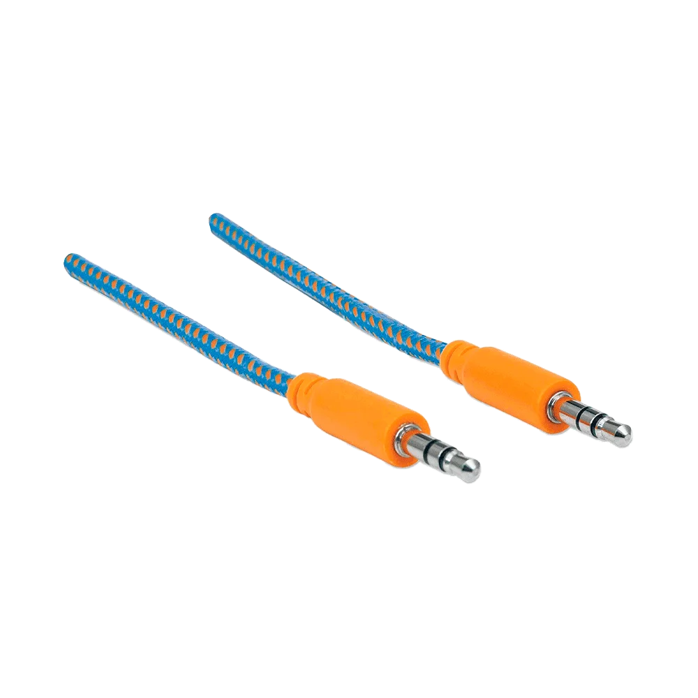 CABLE DE AUDIO AUXILIAR ESTÉREO 352802 3.5 MM/ MACHO A MACHO 1MT AZUL/NARANJA BOLSA