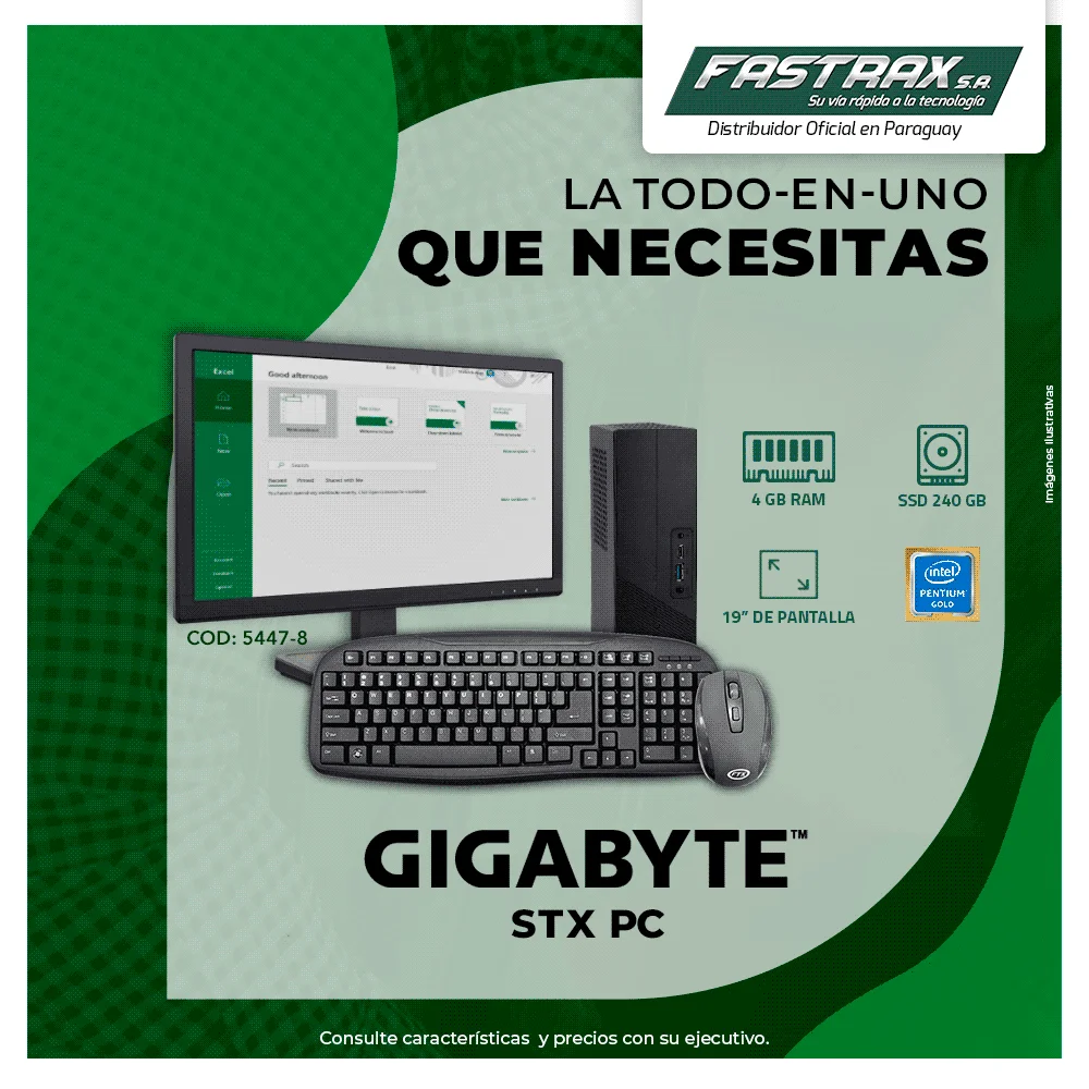 COMPUTADORA AIO GIGA MINI STX PEN G5400 3.7GHZ/4GB/SSD240GB/MONVIEW19/TEC/MOU