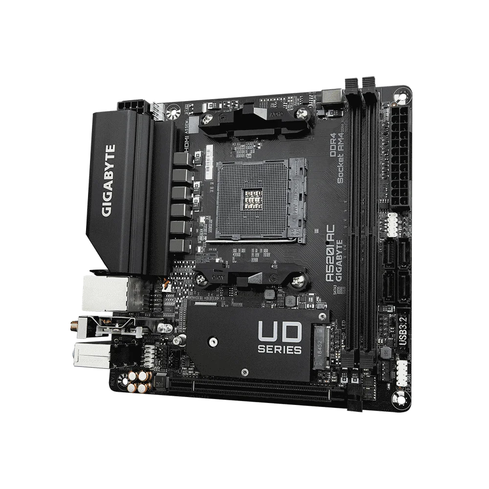PLACA MADRE GIGABYTE AM4 A520I AC 1.1 S/R/HDMI/DP/M2/DDR4/WIFI/USB3.2/RGB/MITX