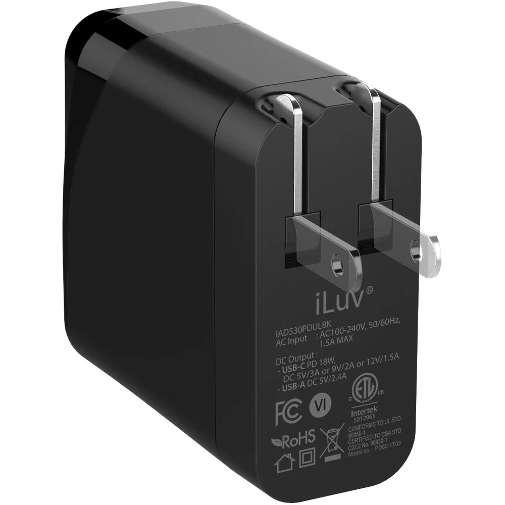 Cargador de pared iLuv Dual-Port USB-A y USB-C IAD530PDULBK