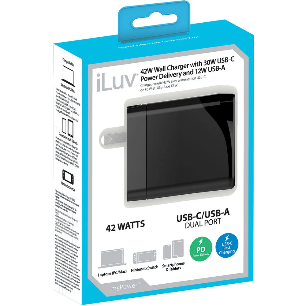 Cargador de pared iLuv Dual-Port USB-A y USB-C IAD530PDULBK