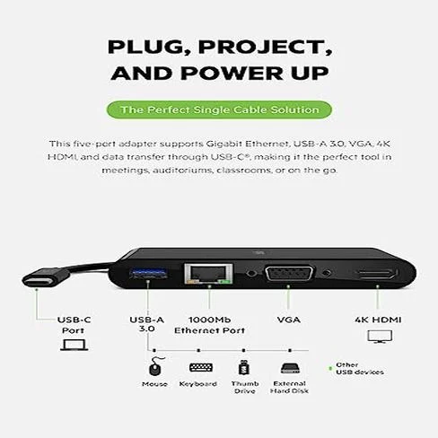 Adaptador Belkin 5 en 1 1000 W USB-C Power Delivery Gigabit Ethernet, USB-A 3.0, VGA, 4K HDMI y USB-C
