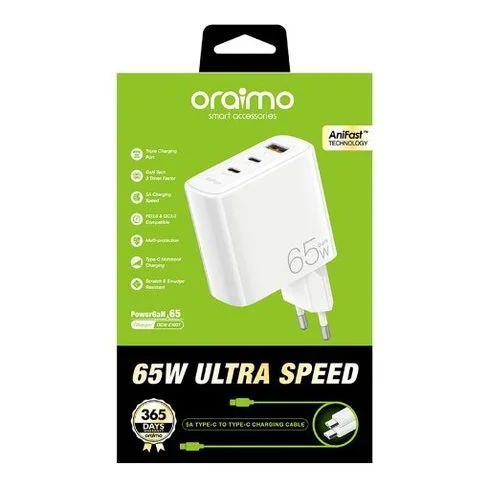 Kit Cargador Oraimo de 65W Blanco con Cable USB-C a USB-C
