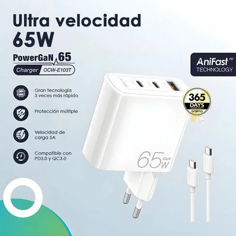 Kit Cargador Oraimo de 65W Blanco con Cable USB-C a USB-C