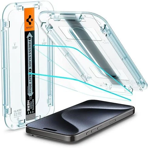 Protector de pantalla de vidrio templado Spigen GlasTR EZ FIT para iPhone 15 Pro paquete de 2