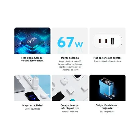 Cargador Rápido Xiaomi GaN 67W USB-A/USB-C + Cable USB-C (BHR7492US)