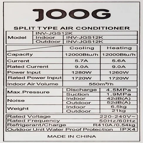 Aire acondicionado Joog inverter INV-JGS12K 12000BTU WiFi caliente/frío 220V 50/60Hz con kit