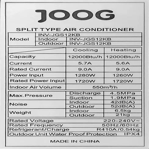 Aire Acondicionado Inverter Joog INV-JGS12KB 12000BTU C/F WiFi 220V 50/60Hz con Kit -Negro