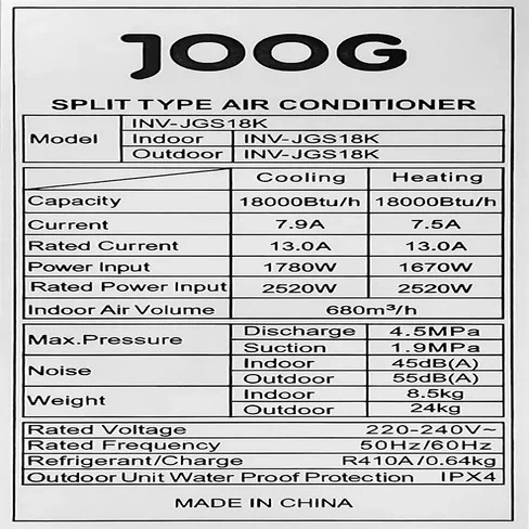 Aire Acondicionado Inverter Joog INV-JGS18K 18000BTU C/F WiFi 220V 50/60Hz con Kit